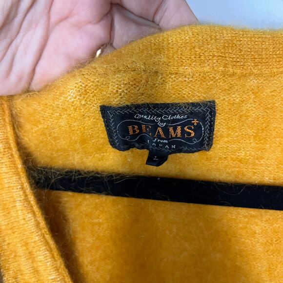 Beams Plus Sweater Size Large Cardigan Yellow Contrast Stripe Mohair Nylon Japan - Picture 4 of 13